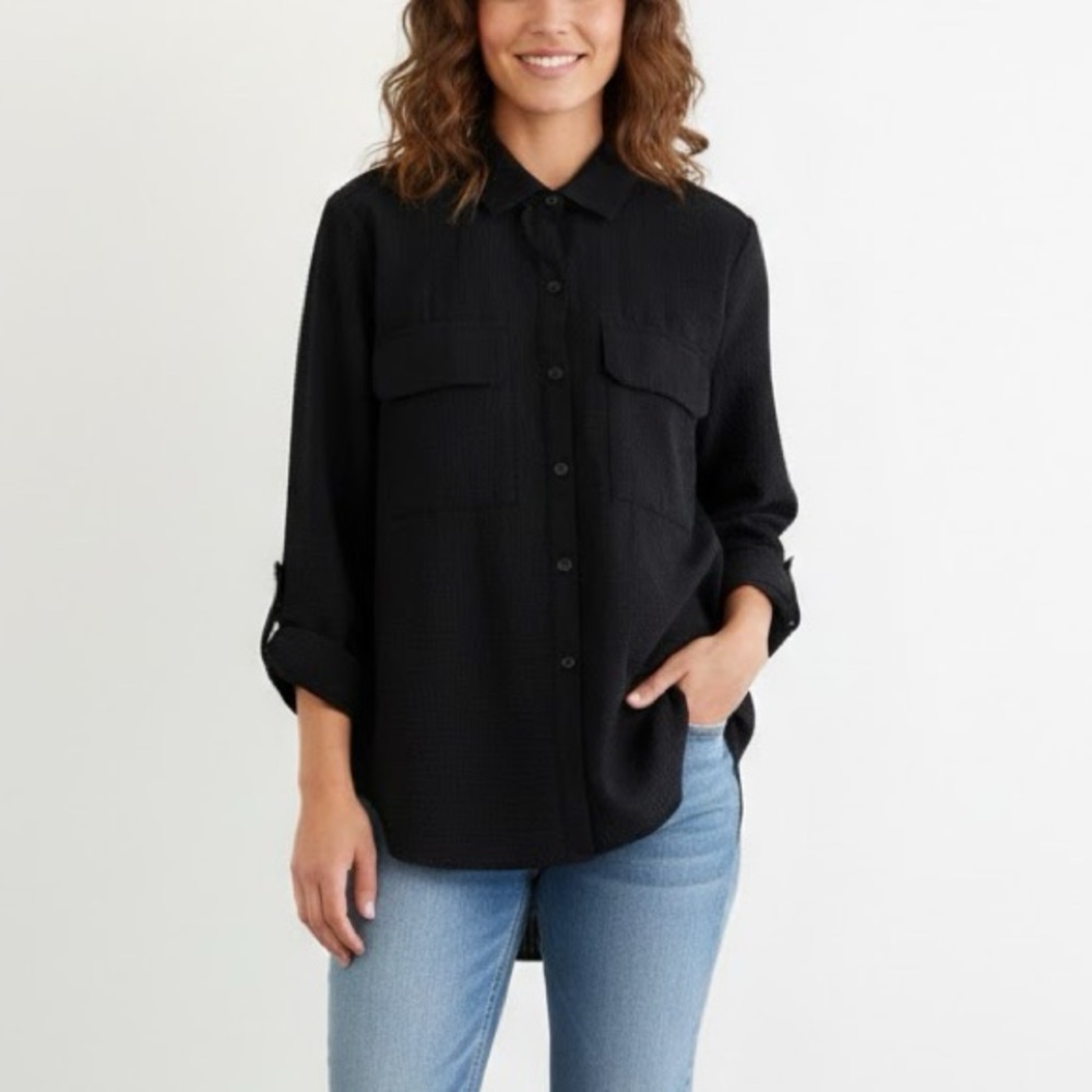 Casa Cabana Black Textured Knit Long Sleeve Button Down Medium